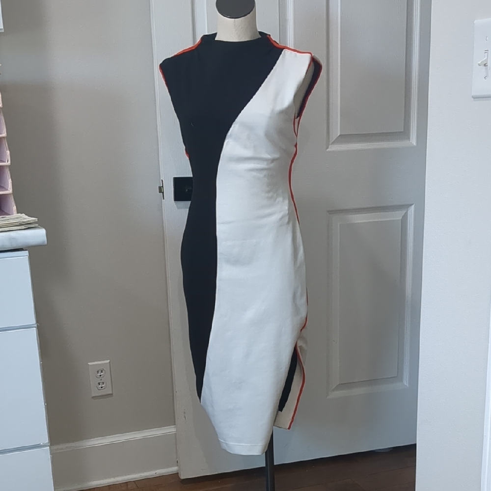 Maeve Black and White Asymmetrical Dress with Red Trim